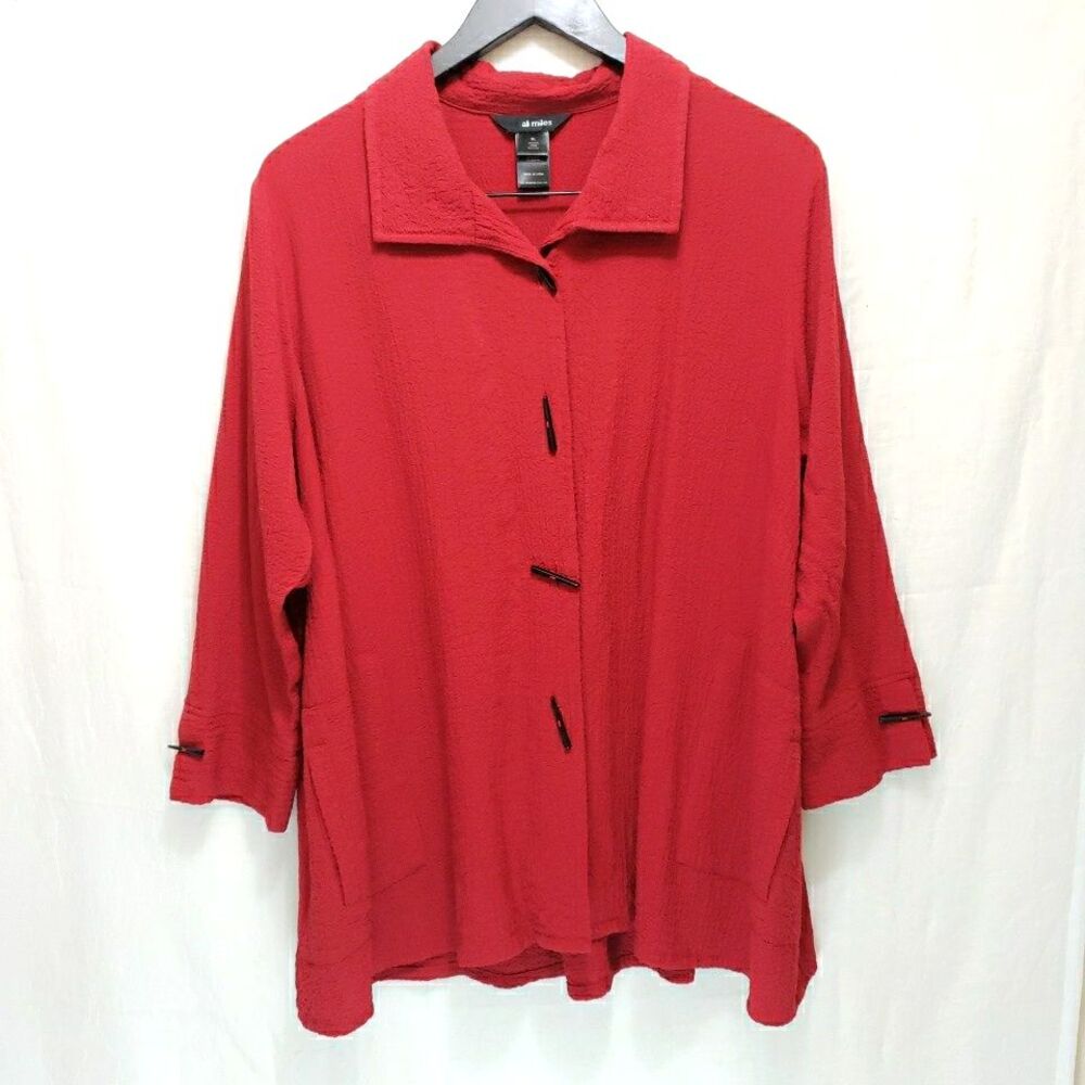 Ali Miles XL Red Textured Knit Toggle Button Tunic Blouse 3/4 Sleeve Collared